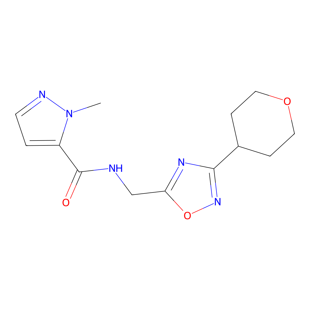 1-methyl-N-((3-(tetrahydro-2H-pyran-4-yl)-1,2,4-oxadiazol-5-yl)methyl)-1H-pyrazole-5-carboxamide molecular structure, CAS 2034518-29-9
