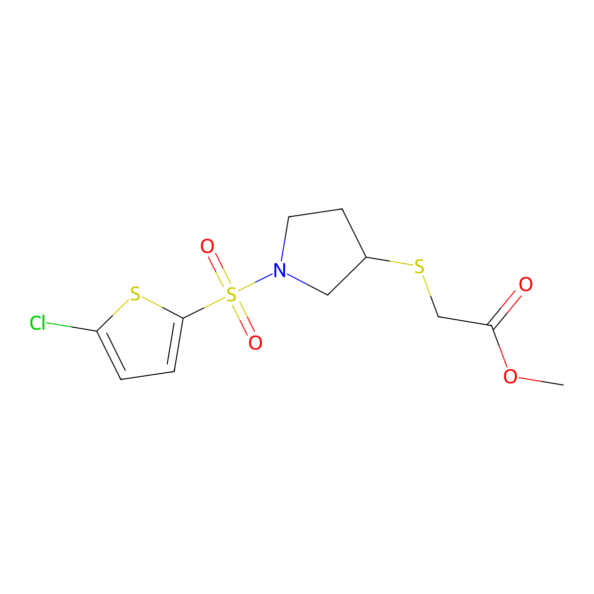 Methyl 2-((1-((5-chlorothiophen-2-yl)sulfonyl)pyrrolidin-3-yl)thio)acetate molecular structure, CAS 2034518-34-6