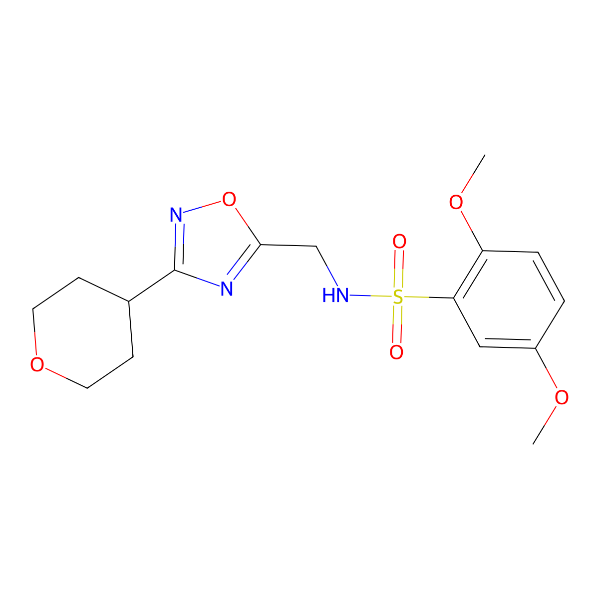2,5-dimethoxy-N-((3-(tetrahydro-2H-pyran-4-yl)-1,2,4-oxadiazol-5-yl)methyl)benzenesulfonamide molecular structure, CAS 2034518-35-7