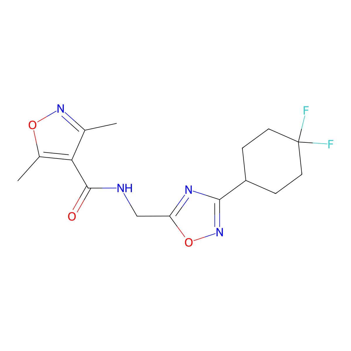 N-((3-(4,4-difluorocyclohexyl)-1,2,4-oxadiazol-5-yl)methyl)-3,5-dimethylisoxazole-4-carboxamide molecular structure, CAS 2034518-40-4