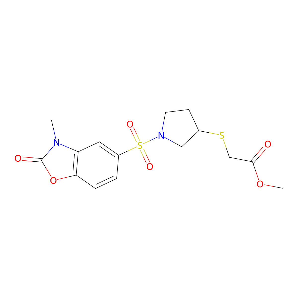 Methyl 2-((1-((3-methyl-2-oxo-2,3-dihydrobenzo[d]oxazol-5-yl)sulfonyl)pyrrolidin-3-yl)thio)acetate molecular structure, CAS 2034518-43-7