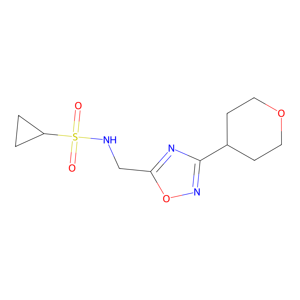 N-((3-(tetrahydro-2H-pyran-4-yl)-1,2,4-oxadiazol-5-yl)methyl)cyclopropanesulfonamide molecular structure, CAS 2034518-46-0