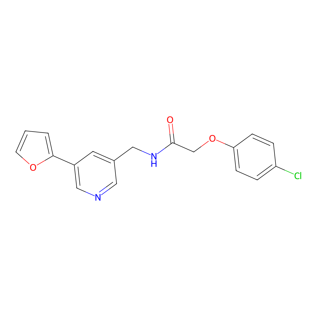 2-(4-chlorophenoxy)-N-((5-(furan-2-yl)pyridin-3-yl)methyl)acetamide molecular structure, CAS 2034518-56-2
