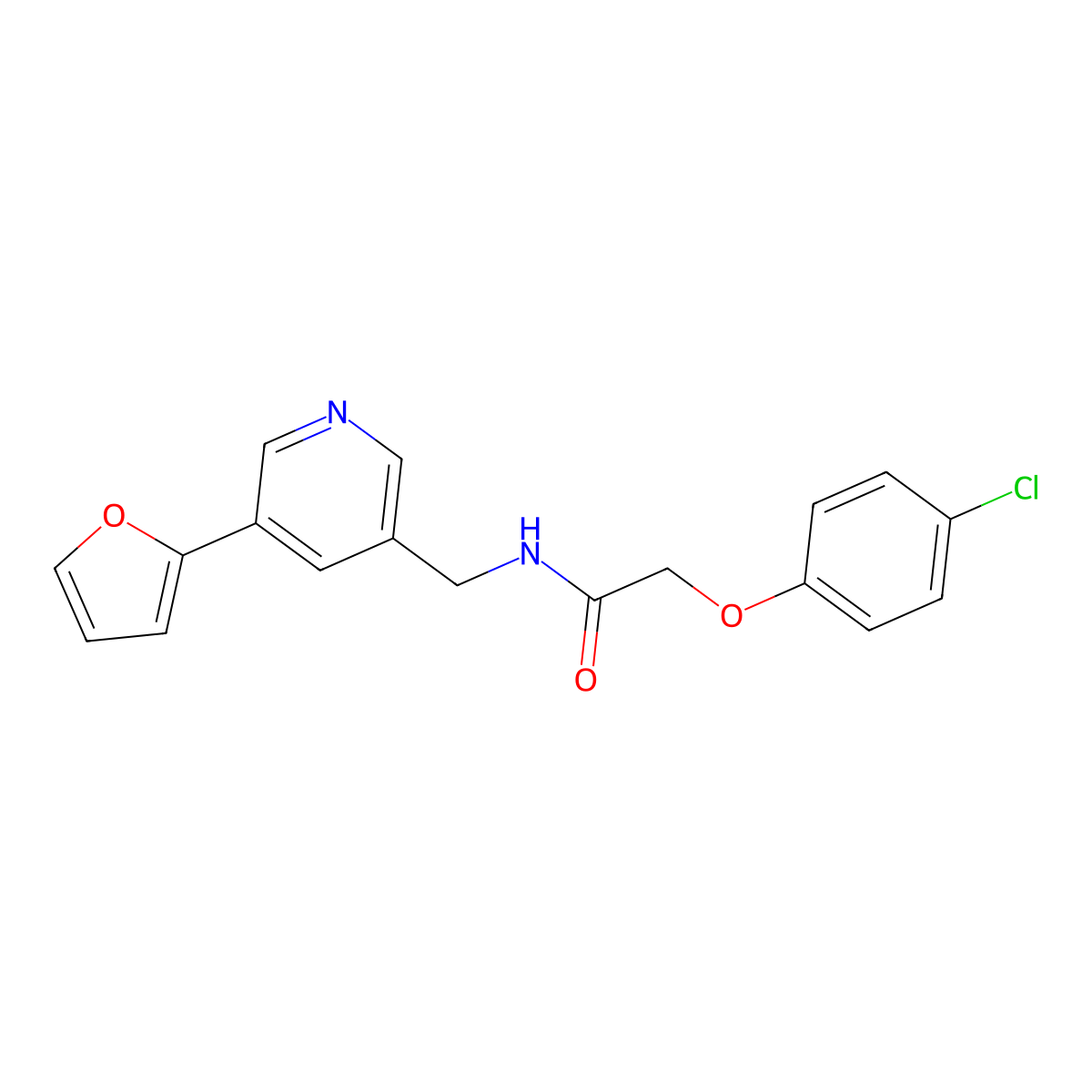 2-(4-chlorophenoxy)-N-((5-(furan-2-yl)pyridin-3-yl)methyl)acetamide molecular structure, CAS 2034518-56-2