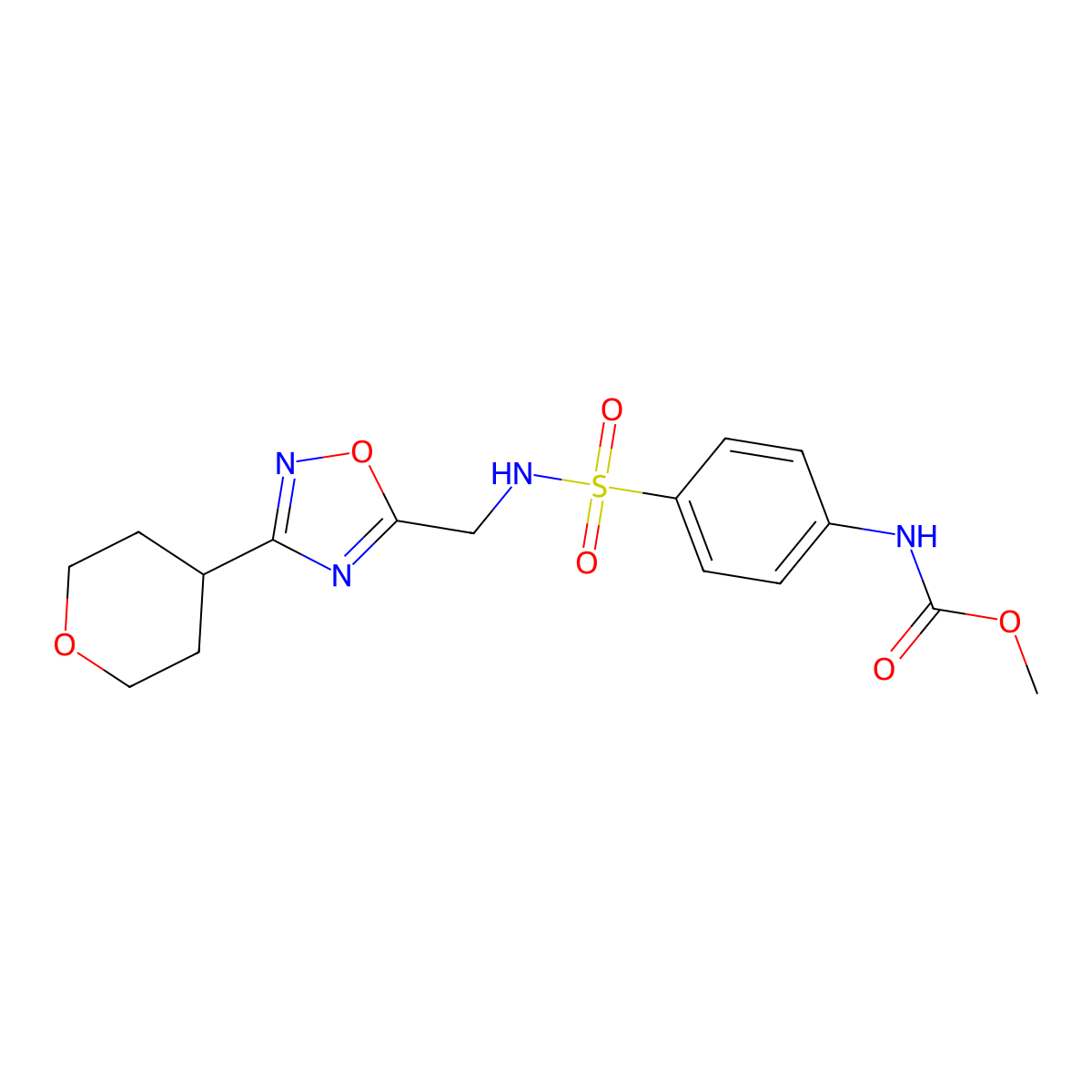methyl (4-(N-((3-(tetrahydro-2H-pyran-4-yl)-1,2,4-oxadiazol-5-yl)methyl)sulfamoyl)phenyl)carbamate molecular structure, CAS 2034518-57-3