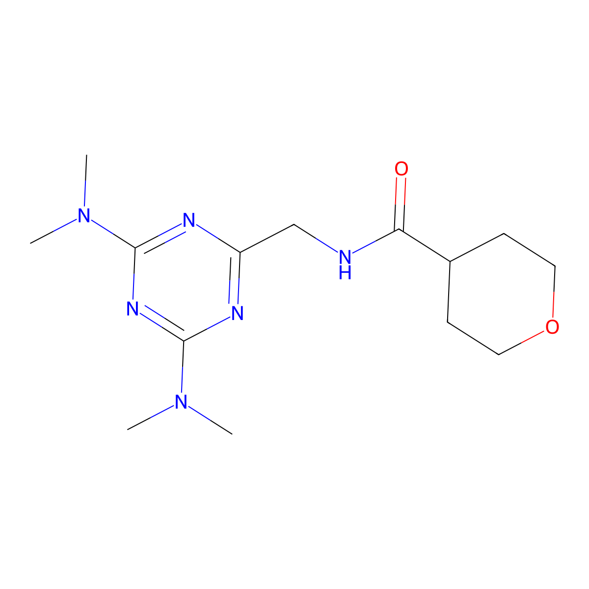 N-((4,6-bis(dimethylamino)-1,3,5-triazin-2-yl)methyl)tetrahydro-2H-pyran-4-carboxamide molecular structure, CAS 2034518-63-1
