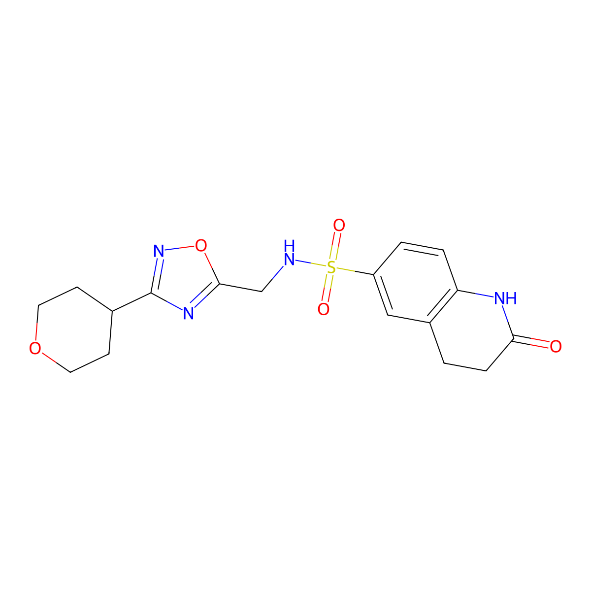 2-oxo-N-((3-(tetrahydro-2H-pyran-4-yl)-1,2,4-oxadiazol-5-yl)methyl)-1,2,3,4-tetrahydroquinoline-6-sulfonamide molecular structure, CAS 2034518-71-1