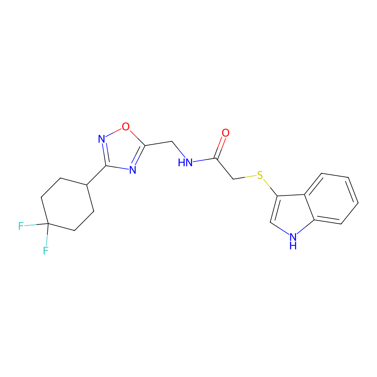 2-((1H-indol-3-yl)thio)-N-((3-(4,4-difluorocyclohexyl)-1,2,4-oxadiazol-5-yl)methyl)acetamide molecular structure, CAS 2034518-72-2