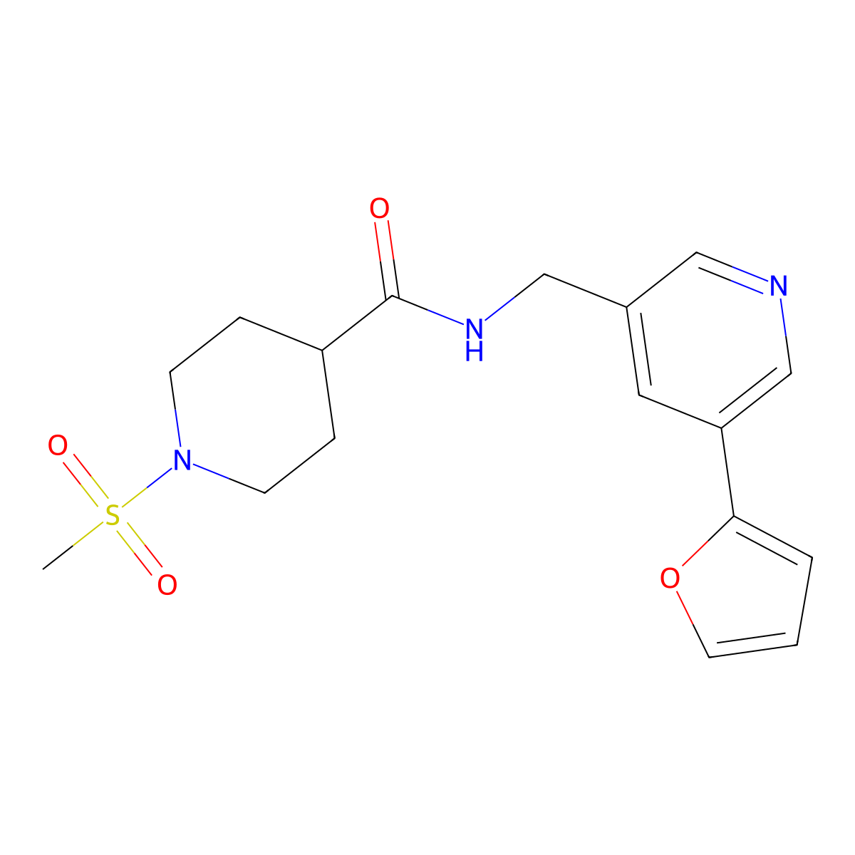 N-((5-(furan-2-yl)pyridin-3-yl)methyl)-1-(methylsulfonyl)piperidine-4-carboxamide molecular structure, CAS 2034518-75-5