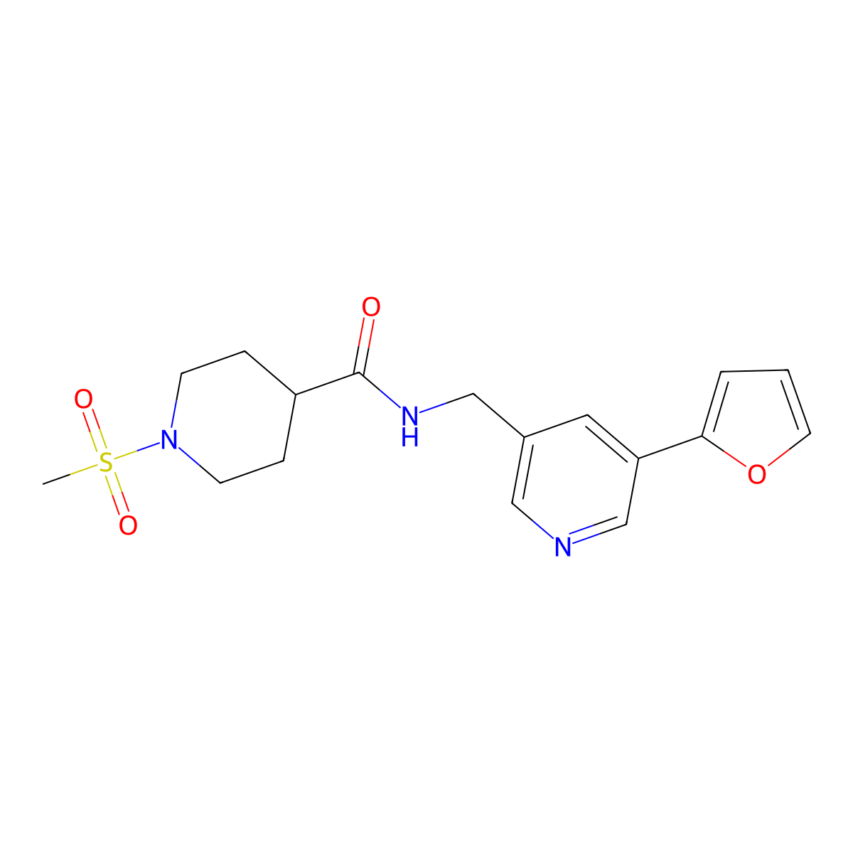 N-((5-(furan-2-yl)pyridin-3-yl)methyl)-1-(methylsulfonyl)piperidine-4-carboxamide molecular structure, CAS 2034518-75-5