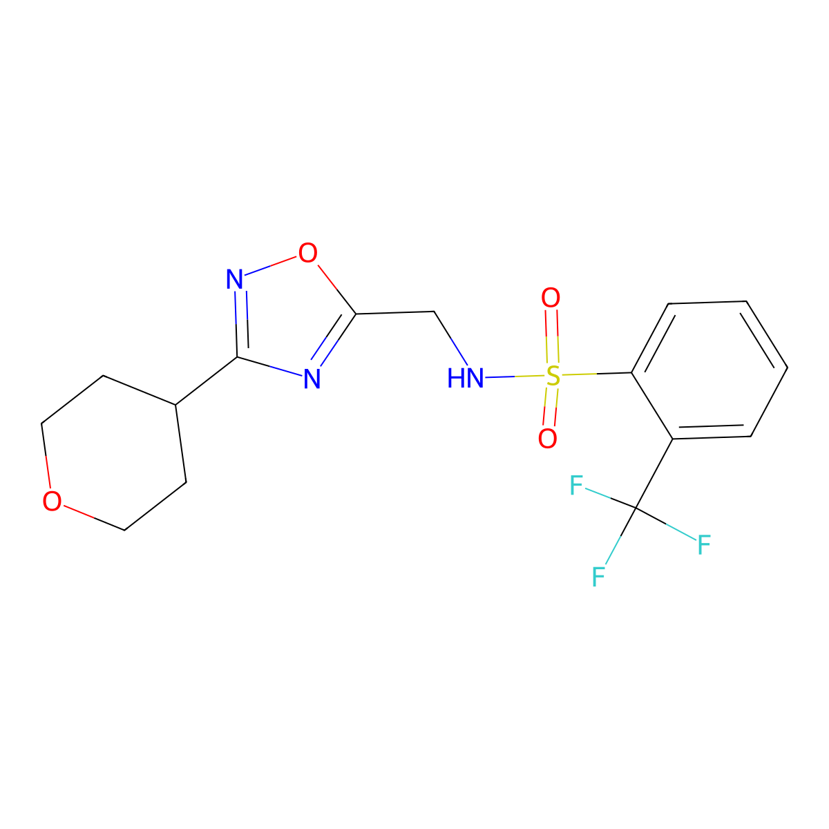 N-((3-(tetrahydro-2H-pyran-4-yl)-1,2,4-oxadiazol-5-yl)methyl)-2-(trifluoromethyl)benzenesulfonamide molecular structure, CAS 2034518-80-2