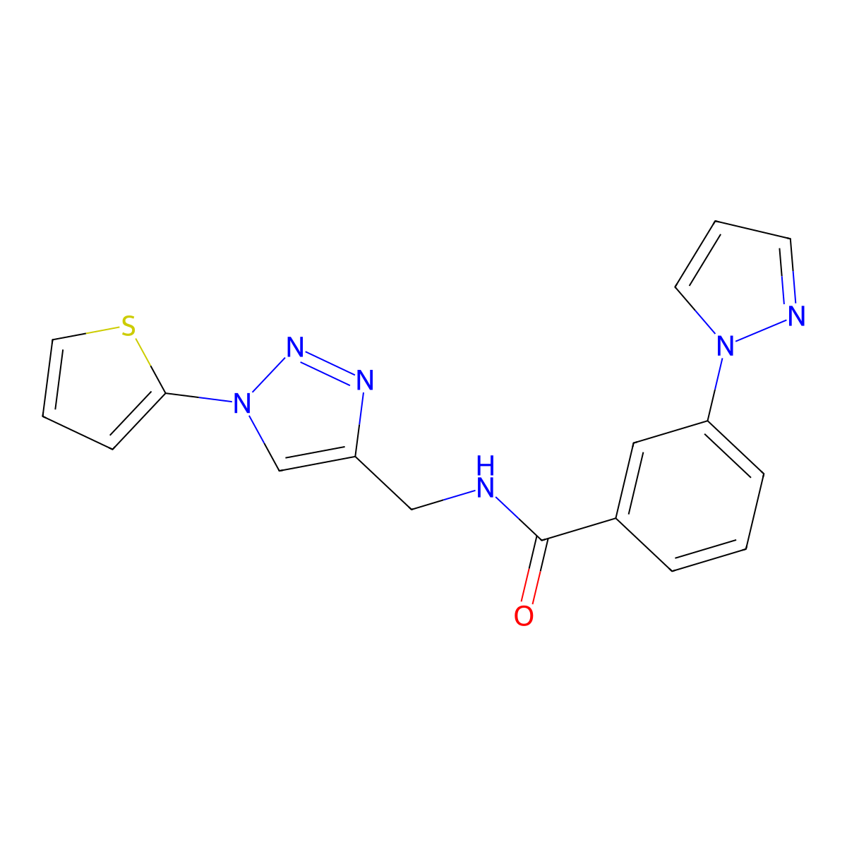 3-(1H-pyrazol-1-yl)-N-{[1-(thiophen-2-yl)-1H-1,2,3-triazol-4-yl]methyl}benzamide molecular structure, CAS 2034518-81-3
