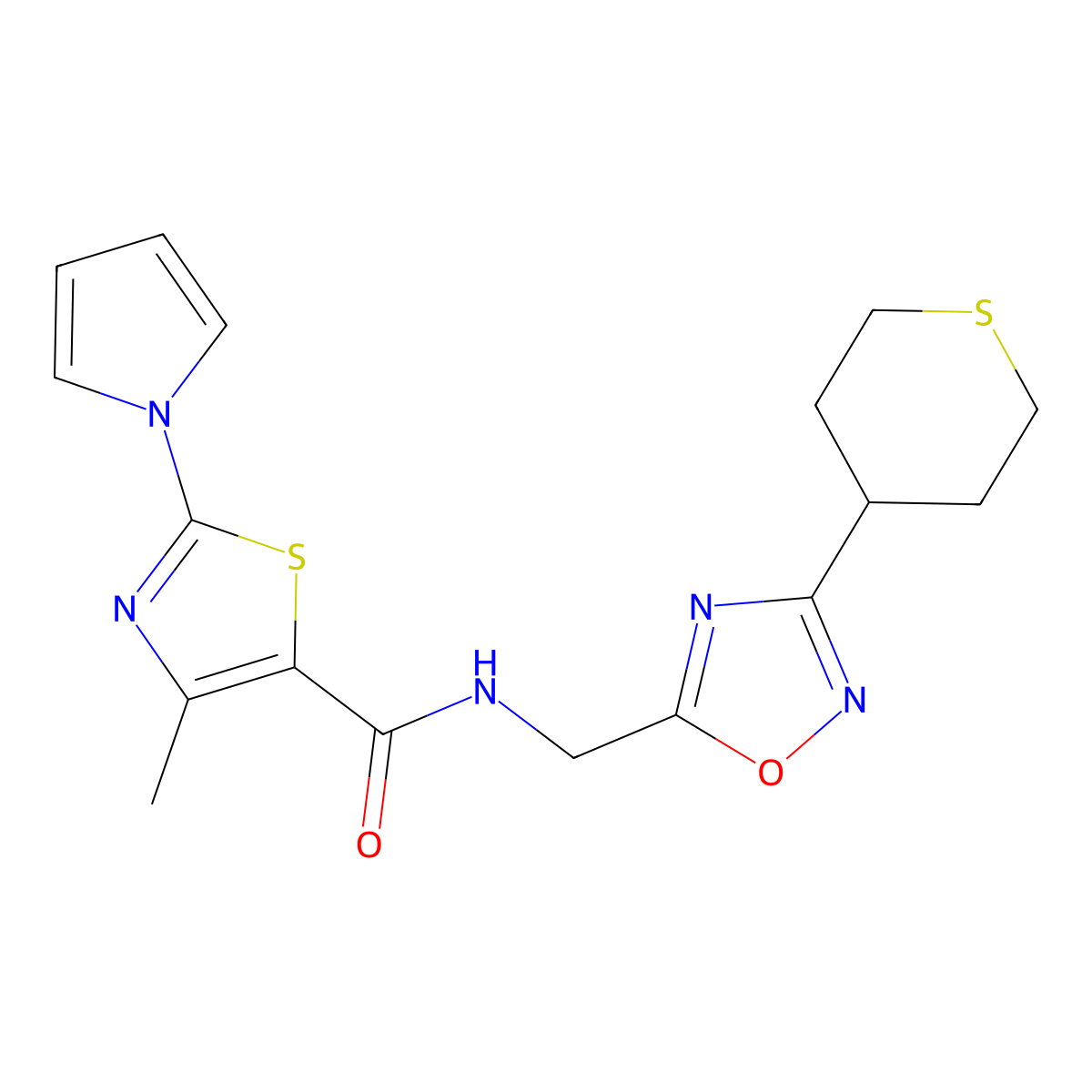 4-methyl-2-(1H-pyrrol-1-yl)-N-((3-(tetrahydro-2H-thiopyran-4-yl)-1,2,4-oxadiazol-5-yl)methyl)thiazole-5-carboxamide molecular structure, CAS 2034518-92-6