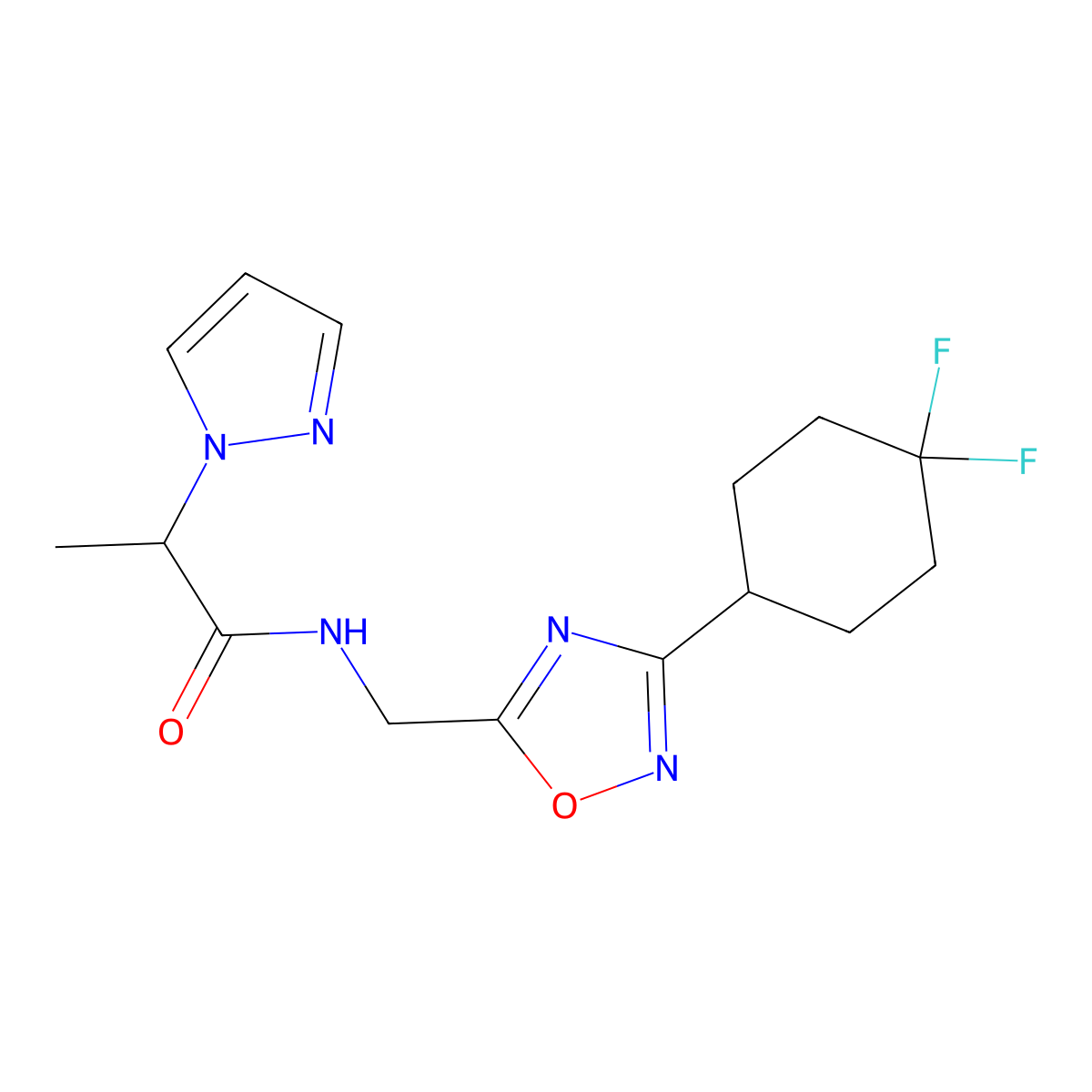 N-{[3-(4,4-difluorocyclohexyl)-1,2,4-oxadiazol-5-yl]methyl}-2-(1H-pyrazol-1-yl)propanamide molecular structure, CAS 2034518-93-7