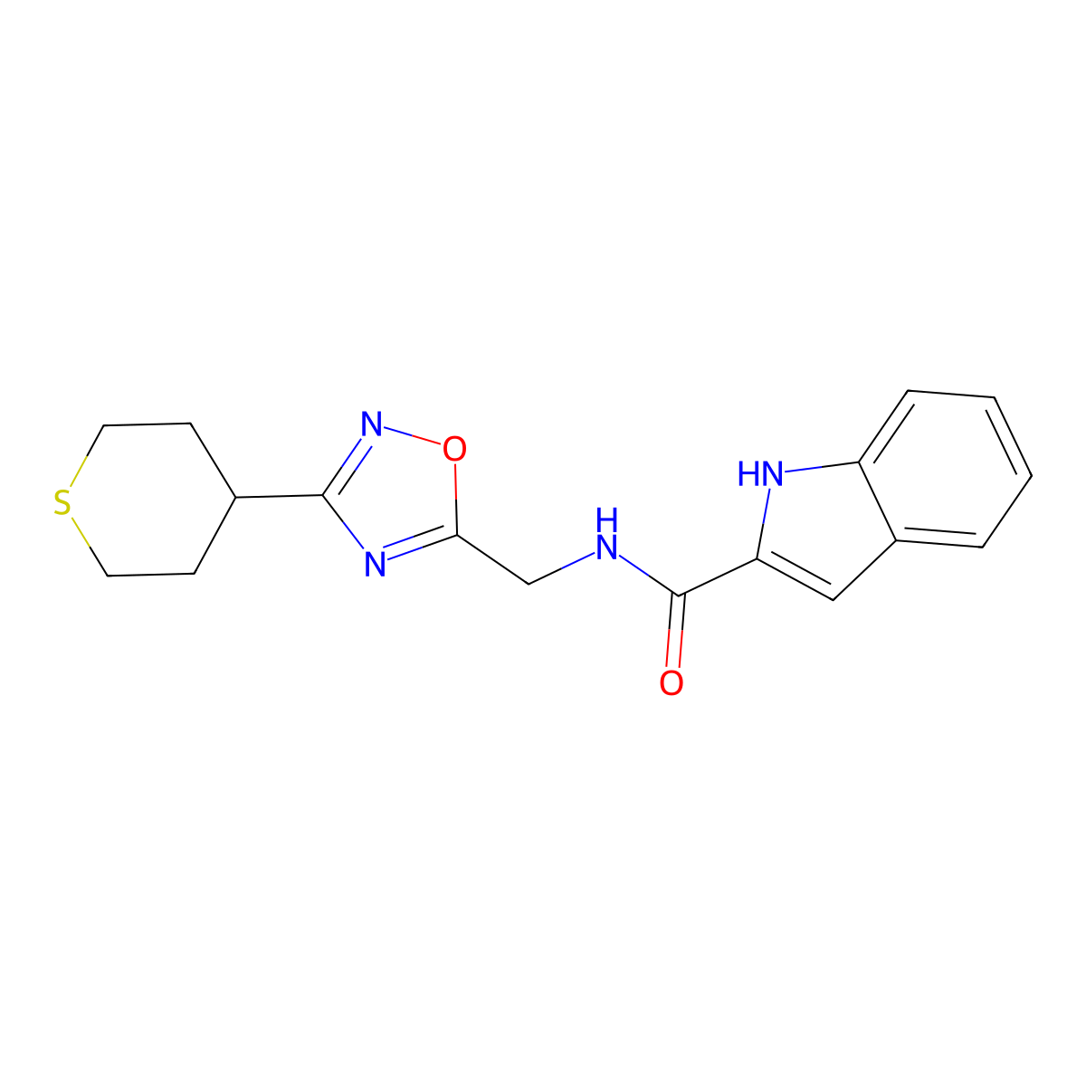 N-((3-(tetrahydro-2H-thiopyran-4-yl)-1,2,4-oxadiazol-5-yl)methyl)-1H-indole-2-carboxamide molecular structure, CAS 2034519-03-2