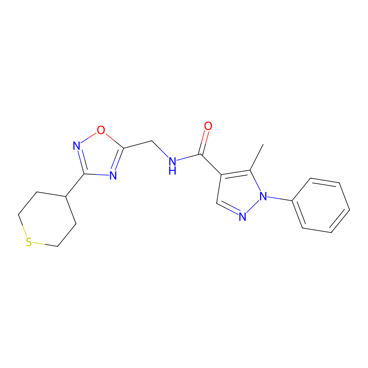 5-methyl-1-phenyl-N-((3-(tetrahydro-2H-thiopyran-4-yl)-1,2,4-oxadiazol-5-yl)methyl)-1H-pyrazole-4-carboxamide molecular structure, CAS 2034519-10-1