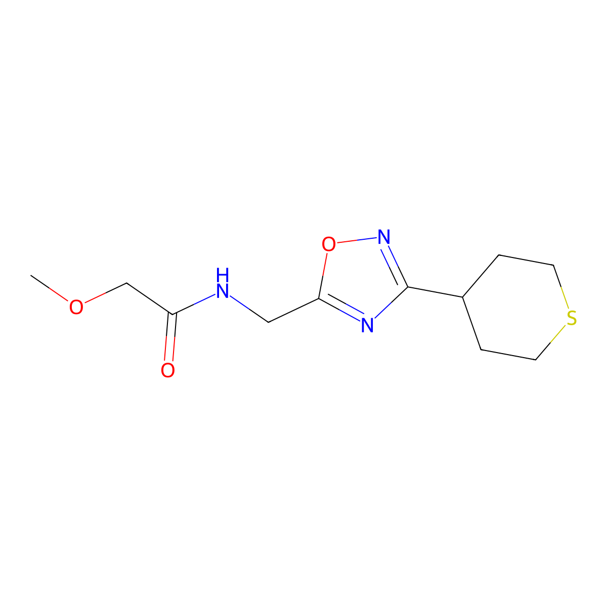 2-methoxy-N-((3-(tetrahydro-2H-thiopyran-4-yl)-1,2,4-oxadiazol-5-yl)methyl)acetamide molecular structure, CAS 2034519-17-8