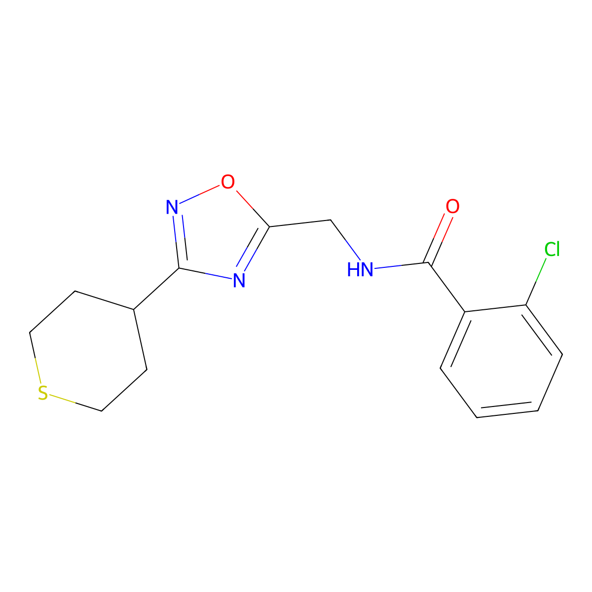 2-chloro-N-((3-(tetrahydro-2H-thiopyran-4-yl)-1,2,4-oxadiazol-5-yl)methyl)benzamide molecular structure, CAS 2034519-23-6