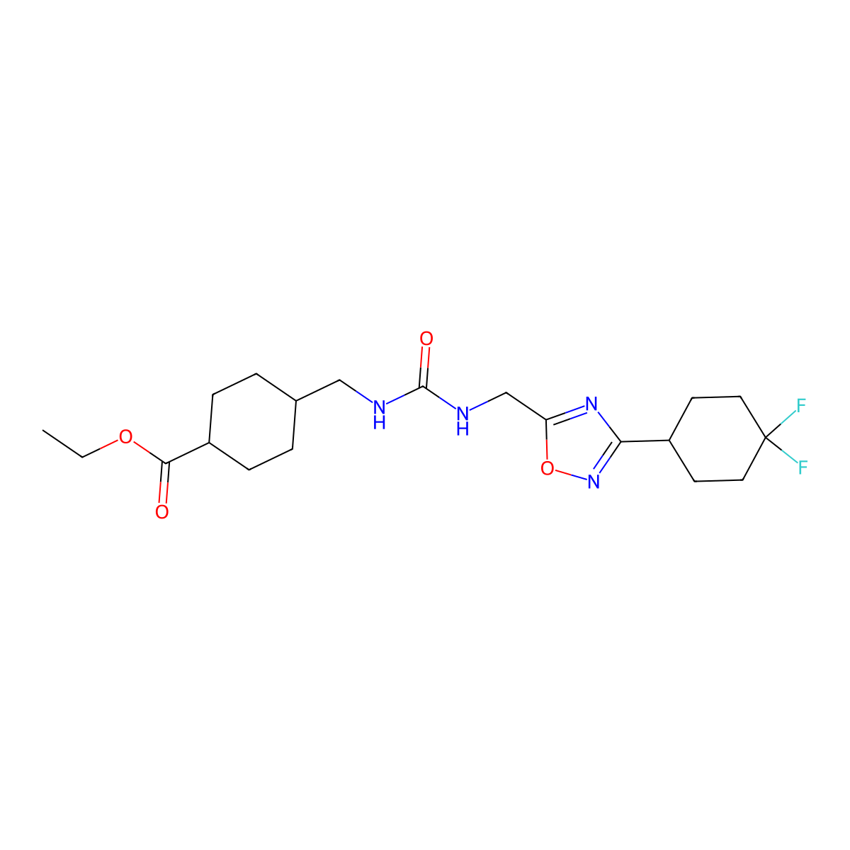 Ethyl 4-((3-((3-(4,4-difluorocyclohexyl)-1,2,4-oxadiazol-5-yl)methyl)ureido)methyl)cyclohexanecarboxylate molecular structure, CAS 2034519-24-7