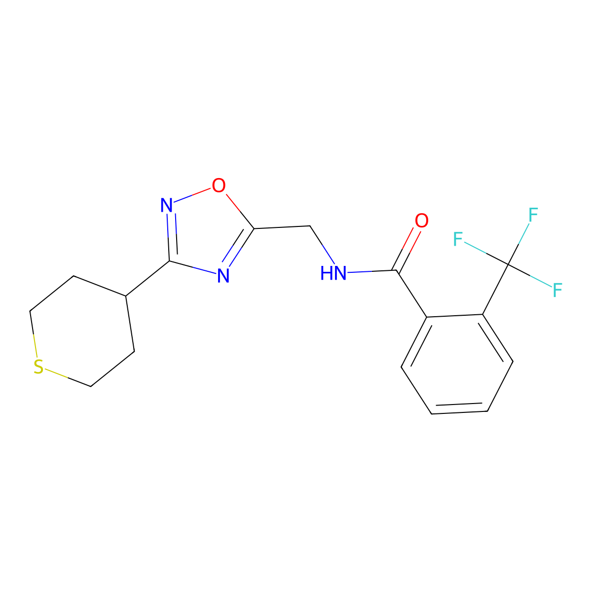 N-((3-(tetrahydro-2H-thiopyran-4-yl)-1,2,4-oxadiazol-5-yl)methyl)-2-(trifluoromethyl)benzamide molecular structure, CAS 2034519-34-9