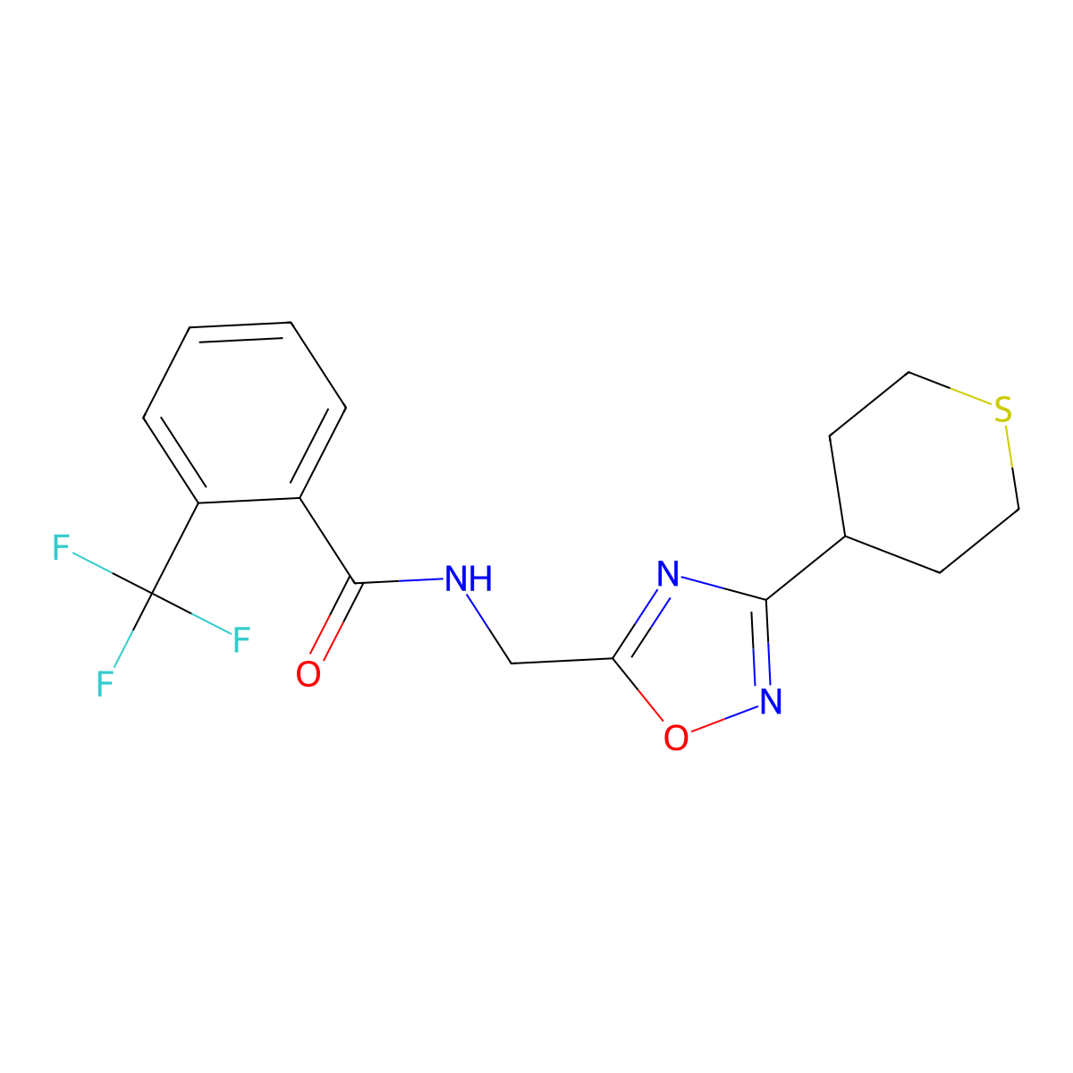 N-((3-(tetrahydro-2H-thiopyran-4-yl)-1,2,4-oxadiazol-5-yl)methyl)-2-(trifluoromethyl)benzamide molecular structure, CAS 2034519-34-9