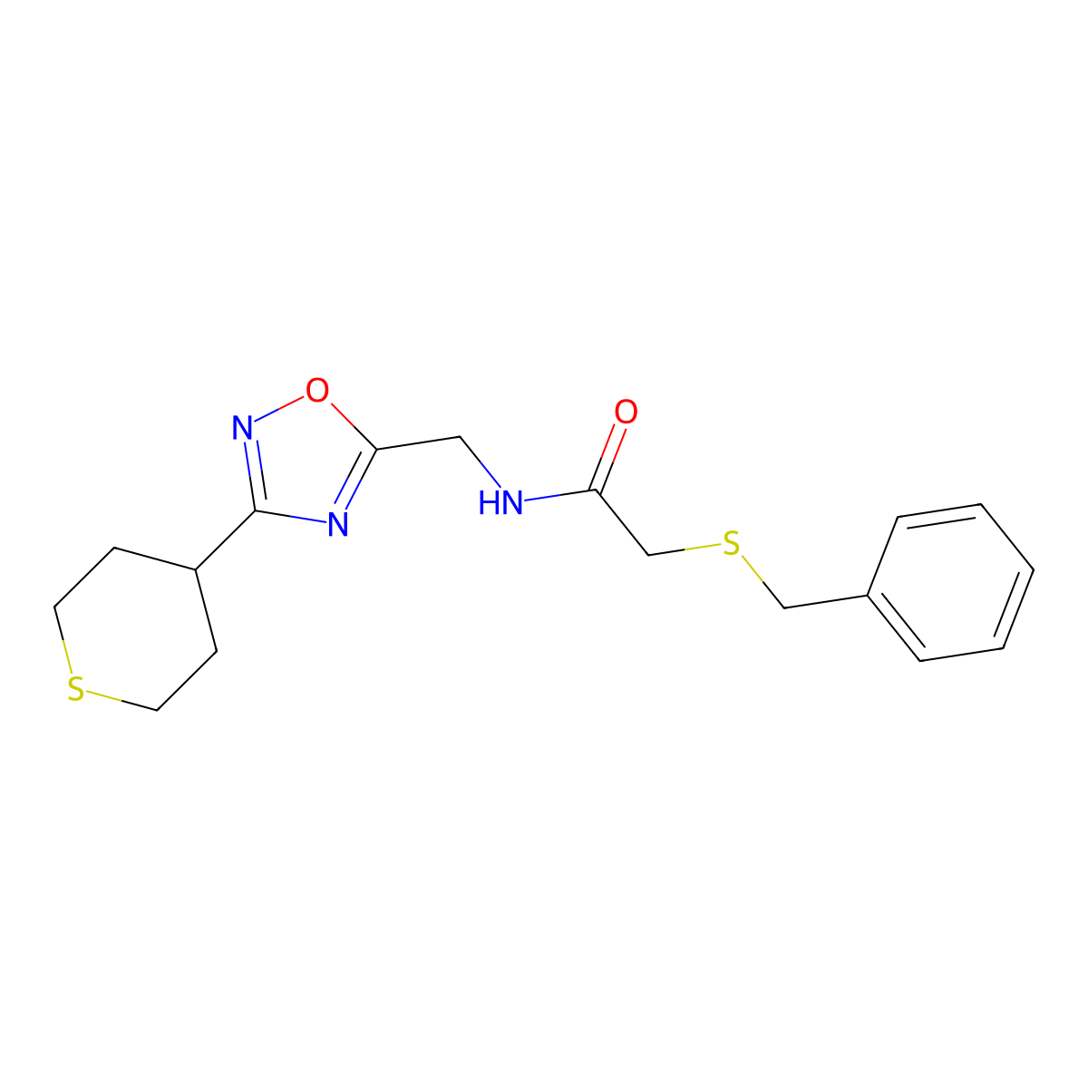 2-(benzylthio)-N-((3-(tetrahydro-2H-thiopyran-4-yl)-1,2,4-oxadiazol-5-yl)methyl)acetamide molecular structure, CAS 2034519-42-9