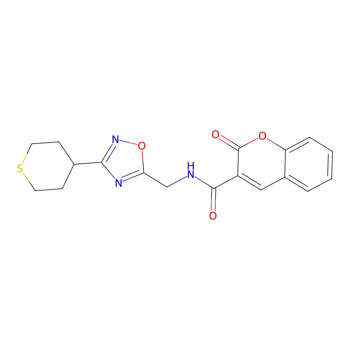 2-oxo-N-{[3-(thian-4-yl)-1,2,4-oxadiazol-5-yl]methyl}-2H-chromene-3-carboxamide molecular structure, CAS 2034519-50-9