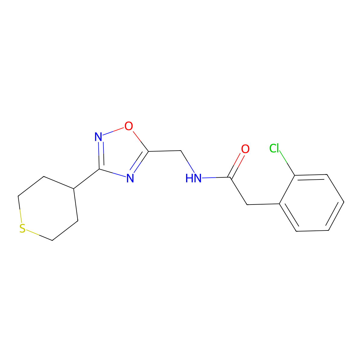 2-(2-chlorophenyl)-N-((3-(tetrahydro-2H-thiopyran-4-yl)-1,2,4-oxadiazol-5-yl)methyl)acetamide molecular structure, CAS 2034519-54-3