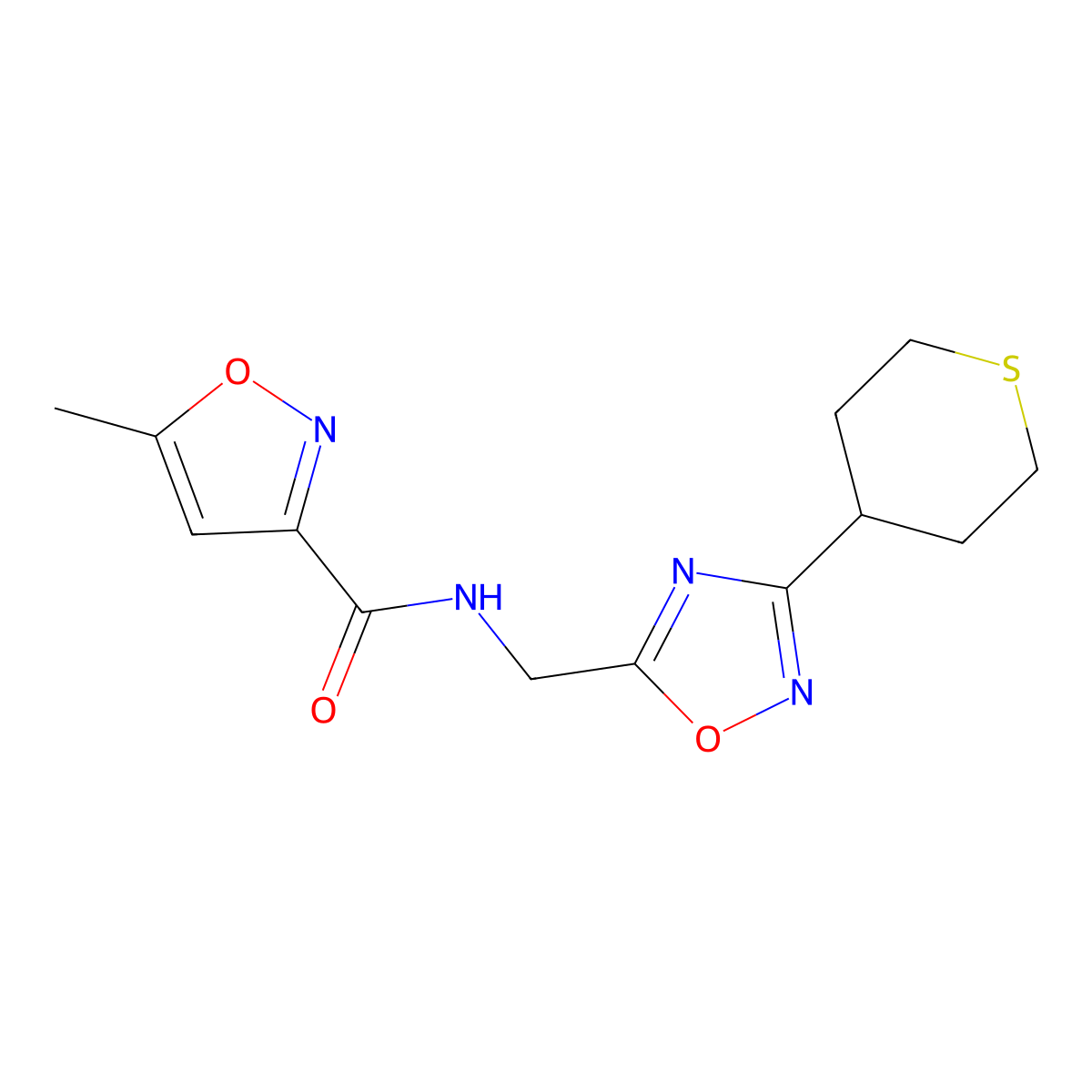 5-methyl-N-((3-(tetrahydro-2H-thiopyran-4-yl)-1,2,4-oxadiazol-5-yl)methyl)isoxazole-3-carboxamide molecular structure, CAS 2034519-59-8