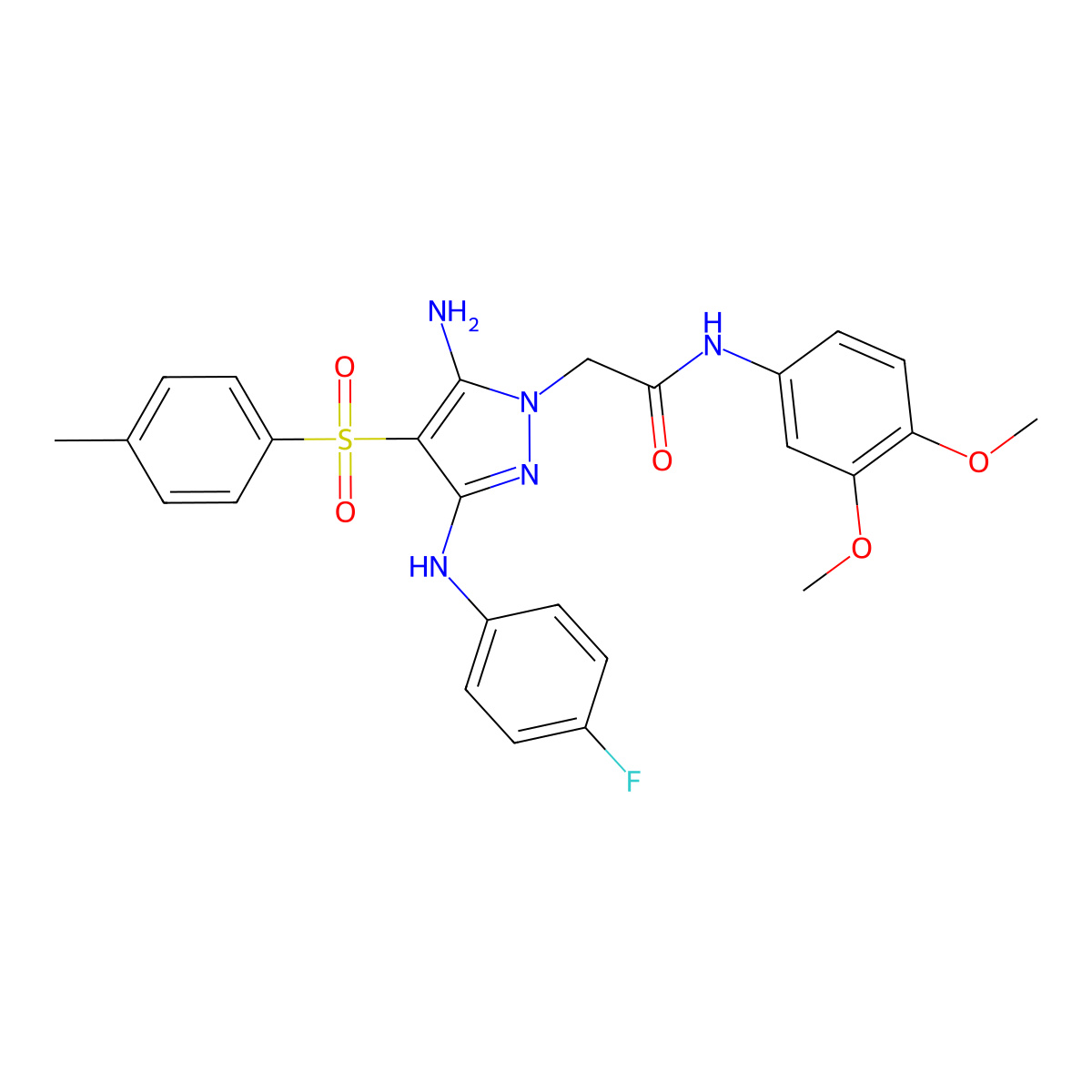 2-(5-amino-3-((4-fluorophenyl)amino)-4-tosyl-1H-pyrazol-1-yl)-N-(3,4-dimethoxyphenyl)acetamide molecular structure, CAS 2034519-61-2