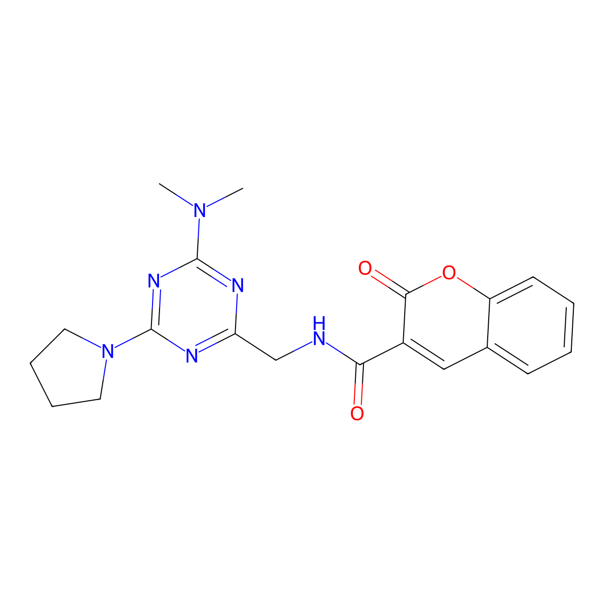 N-((4-(dimethylamino)-6-(pyrrolidin-1-yl)-1,3,5-triazin-2-yl)methyl)-2-oxo-2H-chromene-3-carboxamide molecular structure, CAS 2034519-65-6
