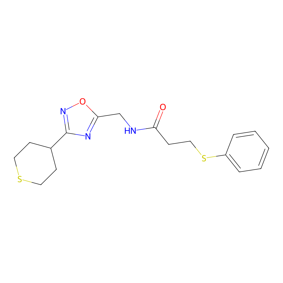 3-(phenylthio)-N-((3-(tetrahydro-2H-thiopyran-4-yl)-1,2,4-oxadiazol-5-yl)methyl)propanamide molecular structure, CAS 2034519-68-9