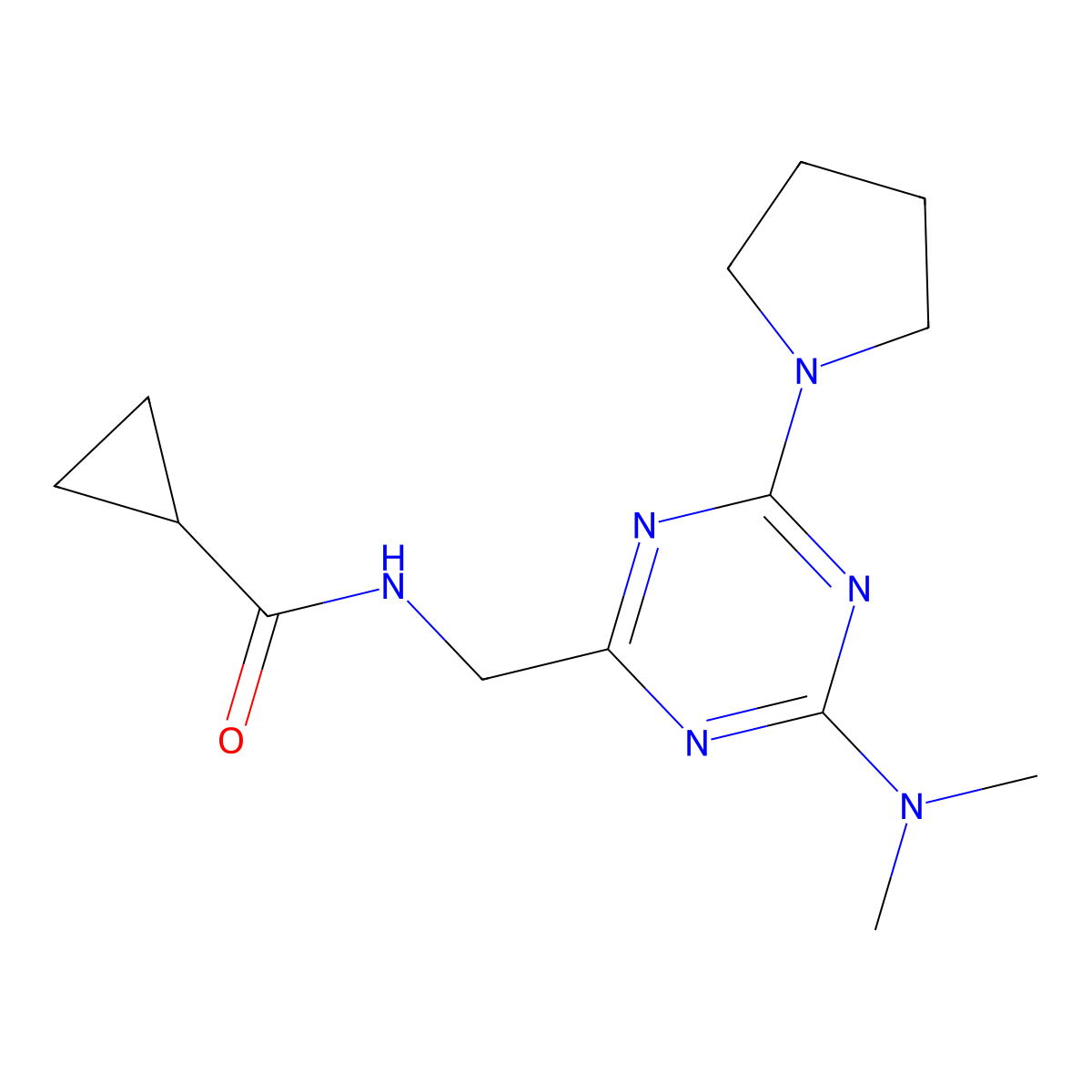 N-{[4-(dimethylamino)-6-(pyrrolidin-1-yl)-1,3,5-triazin-2-yl]methyl}cyclopropanecarboxamide molecular structure, CAS 2034519-73-6