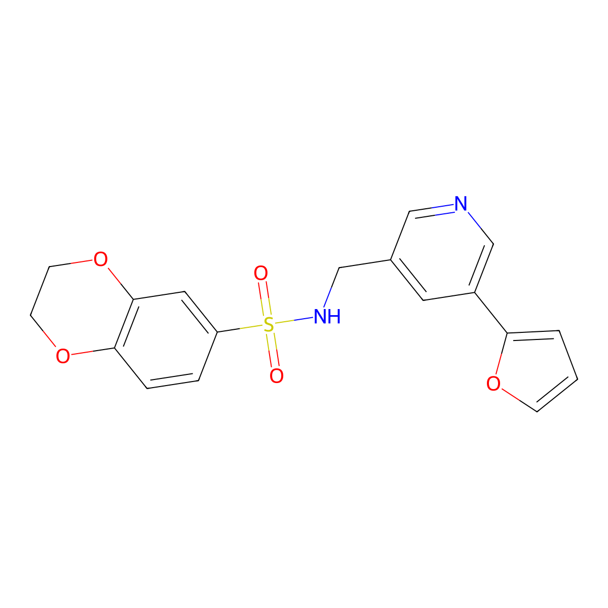 N-((5-(furan-2-yl)pyridin-3-yl)methyl)-2,3-dihydrobenzo[b][1,4]dioxine-6-sulfonamide molecular structure, CAS 2034519-76-9