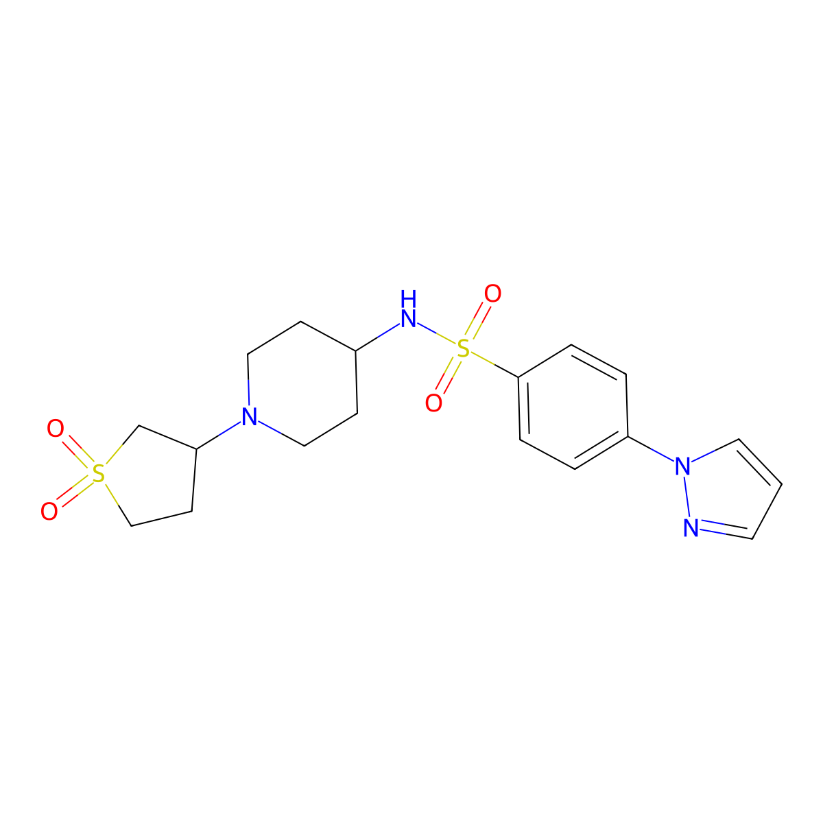 N-(1-(1,1-dioxidotetrahydrothiophen-3-yl)piperidin-4-yl)-4-(1H-pyrazol-1-yl)benzenesulfonamide molecular structure, CAS 2034519-91-8