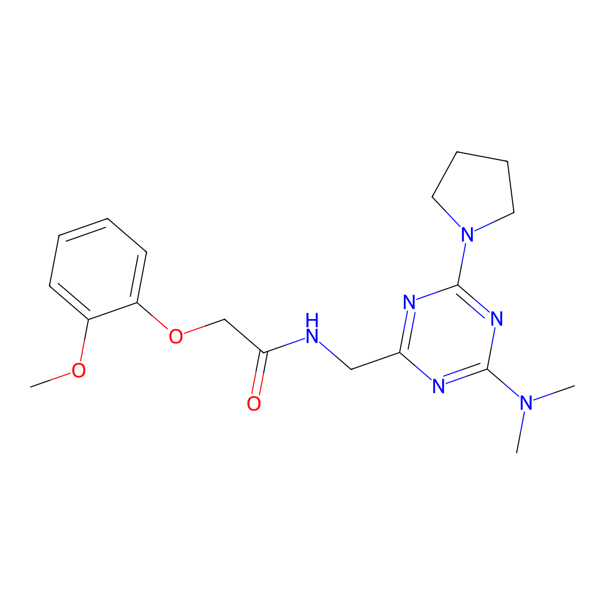 N-((4-(dimethylamino)-6-(pyrrolidin-1-yl)-1,3,5-triazin-2-yl)methyl)-2-(2-methoxyphenoxy)acetamide molecular structure, CAS 2034519-98-5