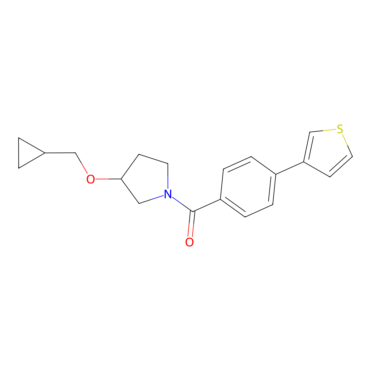 (3-(Cyclopropylmethoxy)pyrrolidin-1-yl)(4-(thiophen-3-yl)phenyl)methanone molecular structure, CAS 2034520-05-1