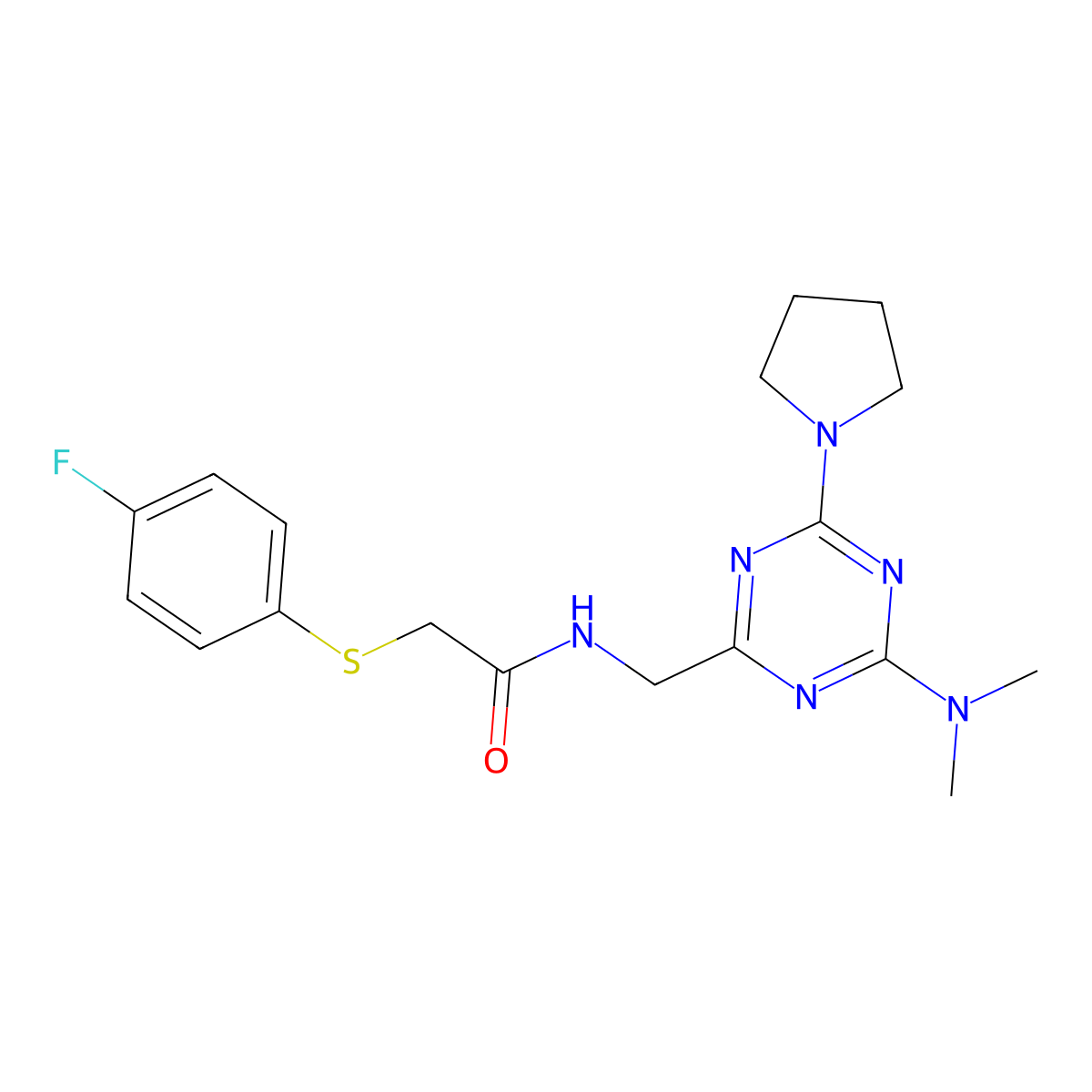 N-((4-(dimethylamino)-6-(pyrrolidin-1-yl)-1,3,5-triazin-2-yl)methyl)-2-((4-fluorophenyl)thio)acetamide molecular structure, CAS 2034520-08-4