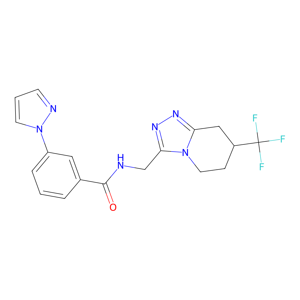 3-(1H-pyrazol-1-yl)-N-((7-(trifluoromethyl)-5,6,7,8-tetrahydro-[1,2,4]triazolo[4,3-a]pyridin-3-yl)methyl)benzamide molecular structure, CAS 2034520-30-2