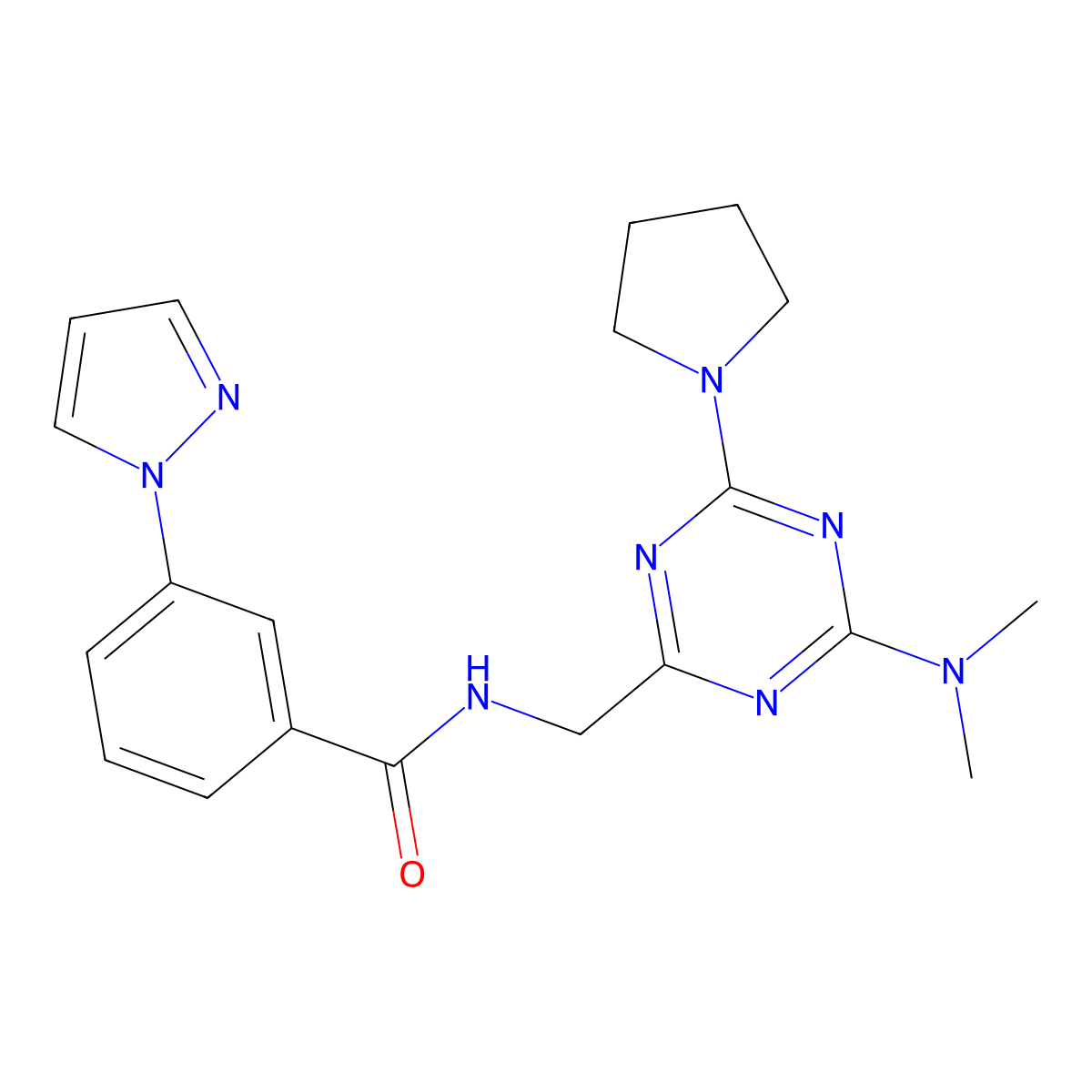 N-((4-(dimethylamino)-6-(pyrrolidin-1-yl)-1,3,5-triazin-2-yl)methyl)-3-(1H-pyrazol-1-yl)benzamide molecular structure, CAS 2034520-38-0