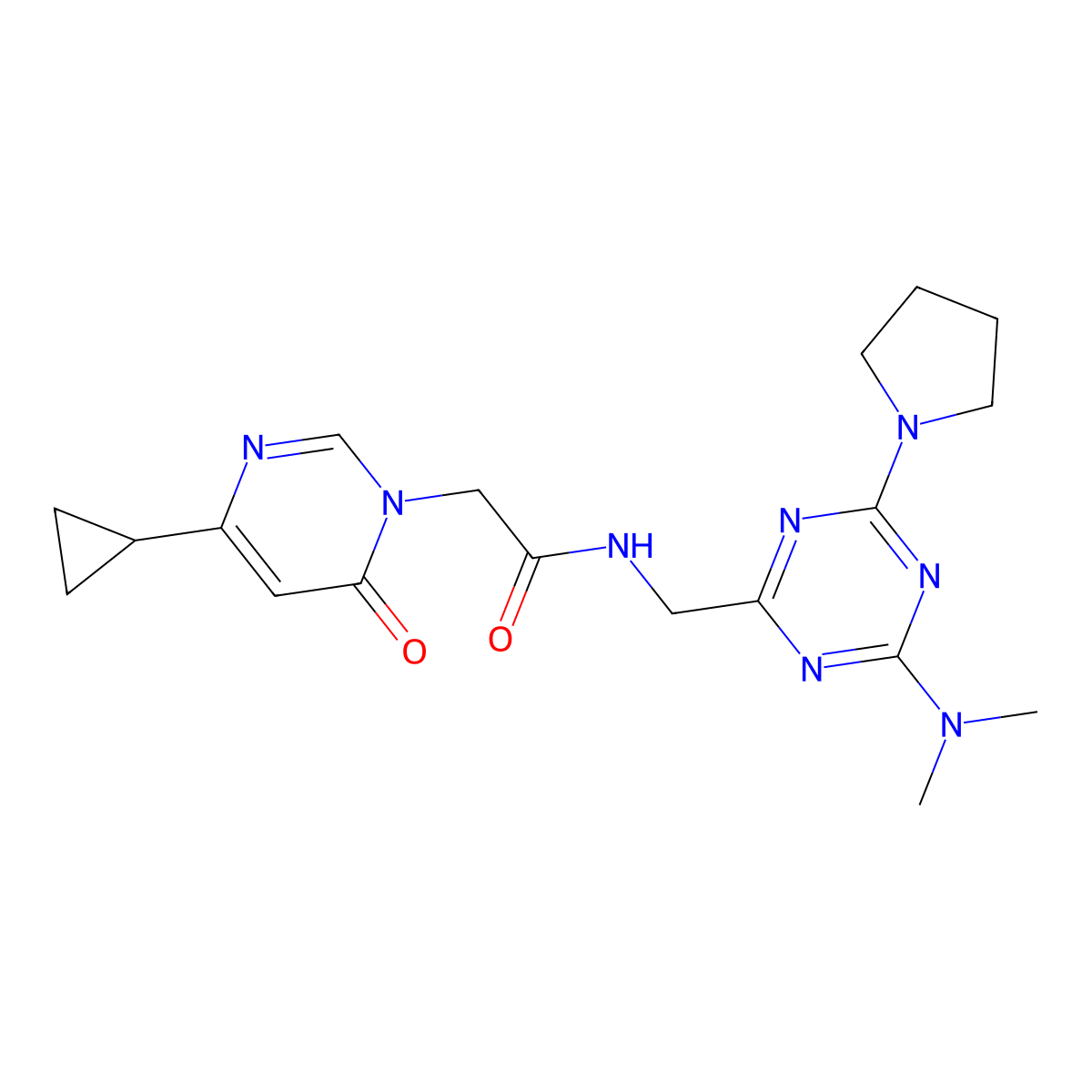 2-(4-cyclopropyl-6-oxopyrimidin-1(6H)-yl)-N-((4-(dimethylamino)-6-(pyrrolidin-1-yl)-1,3,5-triazin-2-yl)methyl)acetamide molecular structure, CAS 2034520-44-8