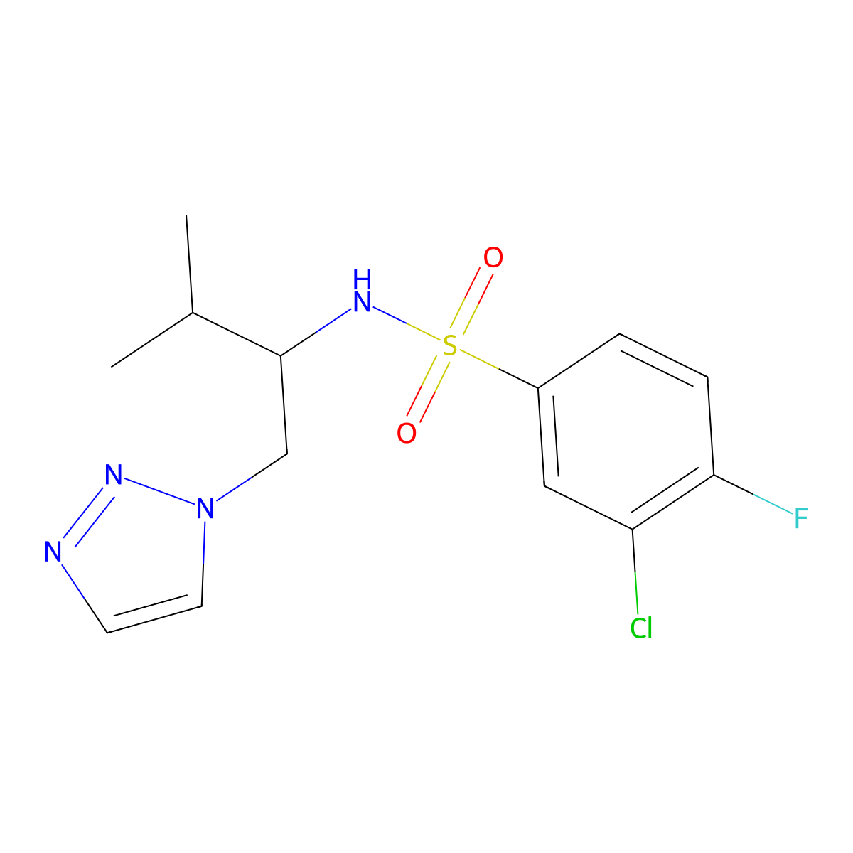 3-chloro-4-fluoro-N-(3-methyl-1-(1H-1,2,3-triazol-1-yl)butan-2-yl)benzenesulfonamide molecular structure, CAS 2034520-46-0