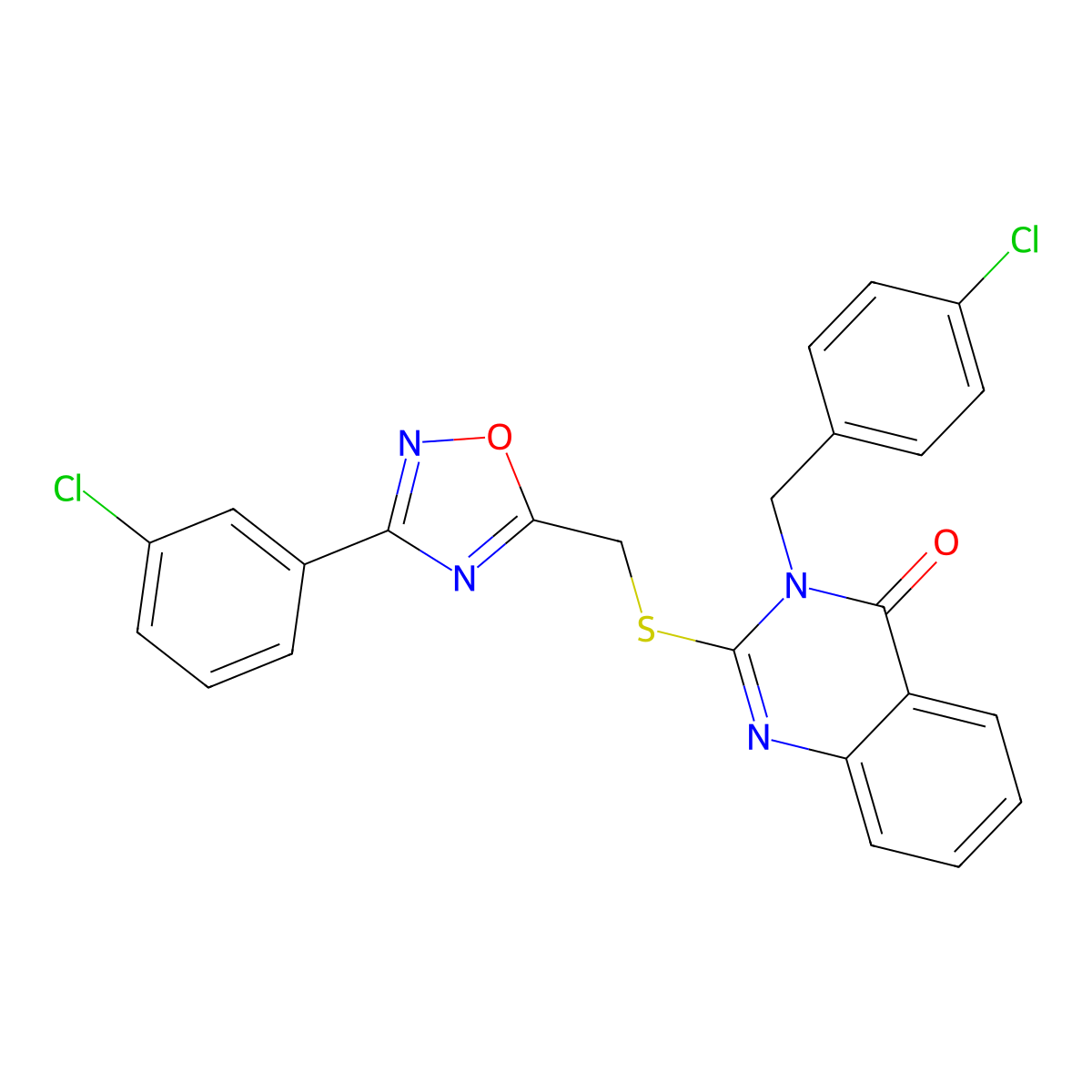 3-(4-chlorobenzyl)-2-(((3-(3-chlorophenyl)-1,2,4-oxadiazol-5-yl)methyl)thio)quinazolin-4(3H)-one molecular structure, CAS 2034520-66-4