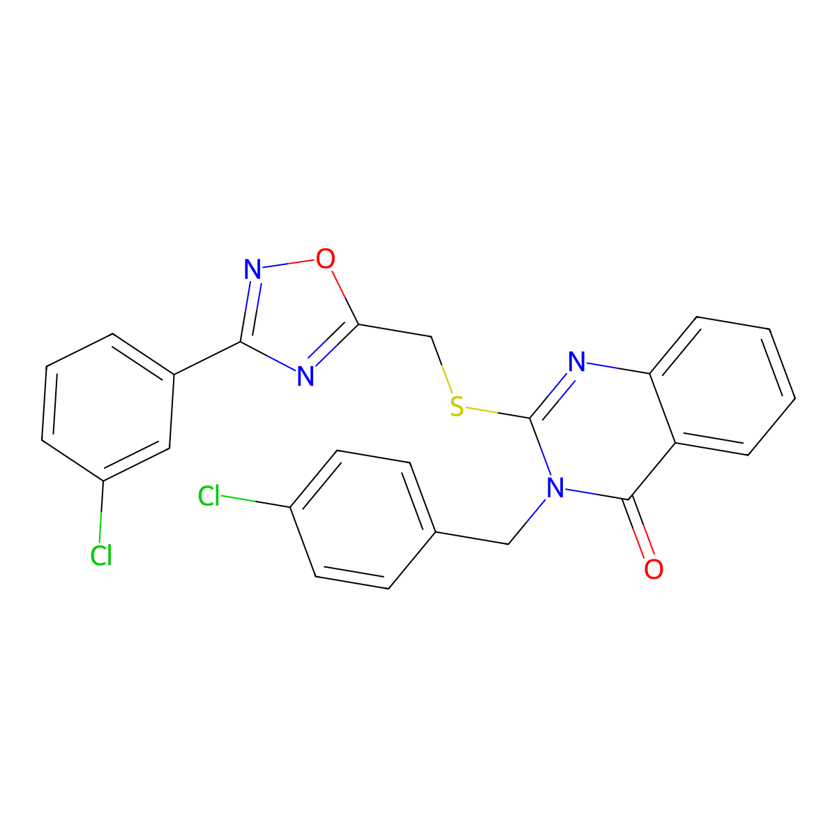 3-(4-chlorobenzyl)-2-(((3-(3-chlorophenyl)-1,2,4-oxadiazol-5-yl)methyl)thio)quinazolin-4(3H)-one molecular structure, CAS 2034520-66-4