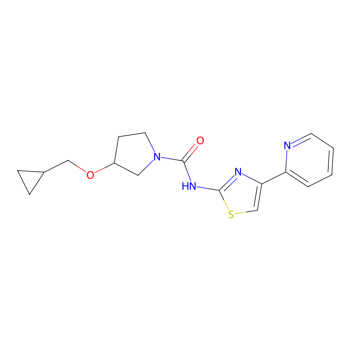 3-(cyclopropylmethoxy)-N-(4-(pyridin-2-yl)thiazol-2-yl)pyrrolidine-1-carboxamide molecular structure, CAS 2034520-67-5
