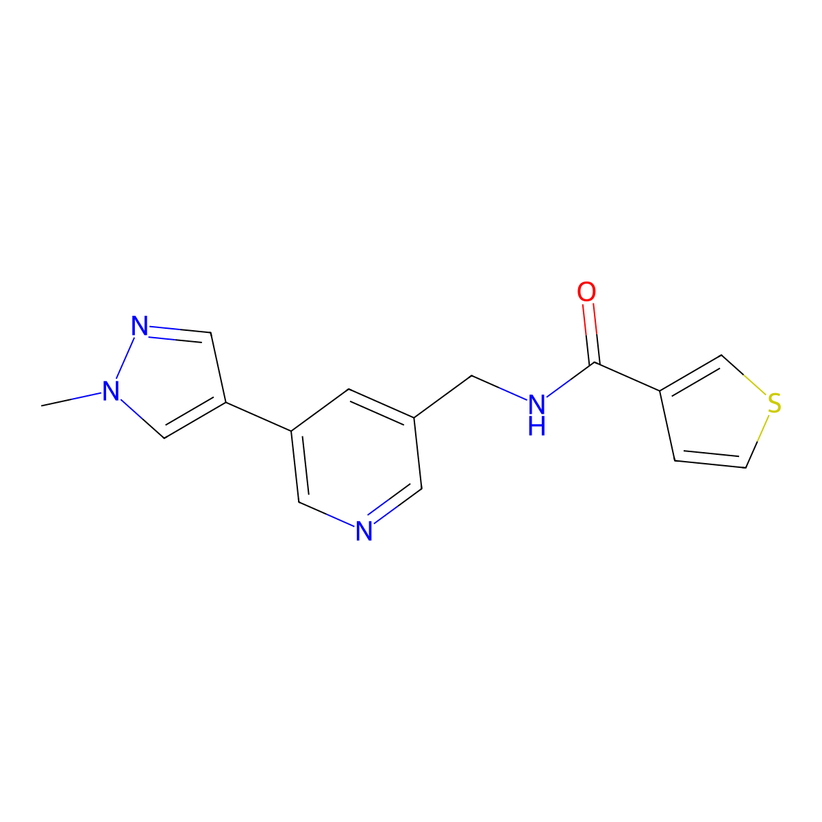 N-{[5-(1-methyl-1H-pyrazol-4-yl)pyridin-3-yl]methyl}thiophene-3-carboxamide molecular structure, CAS 2034520-78-8