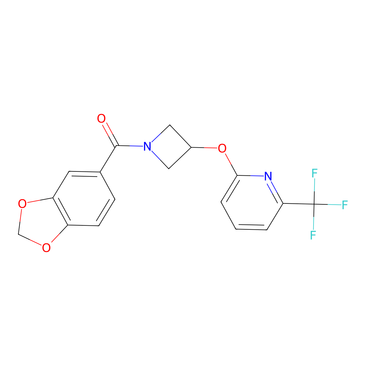 Benzo[d][1,3]dioxol-5-yl(3-((6-(trifluoromethyl)pyridin-2-yl)oxy)azetidin-1-yl)methanone molecular structure, CAS 2034520-81-3