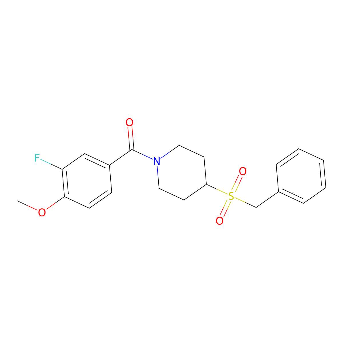 (4-(Benzylsulfonyl)piperidin-1-yl)(3-fluoro-4-methoxyphenyl)methanone molecular structure, CAS 2034520-93-7