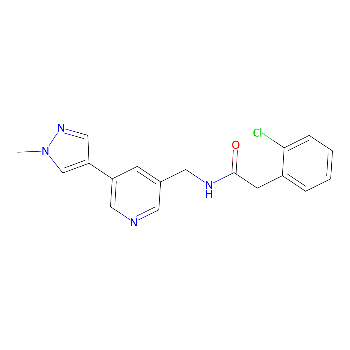 2-(2-chlorophenyl)-N-((5-(1-methyl-1H-pyrazol-4-yl)pyridin-3-yl)methyl)acetamide molecular structure, CAS 2034520-95-9