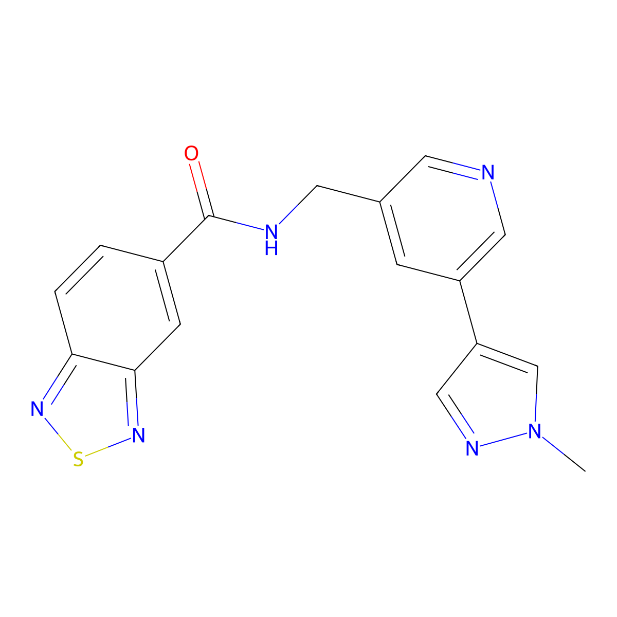 N-((5-(1-methyl-1H-pyrazol-4-yl)pyridin-3-yl)methyl)benzo[c][1,2,5]thiadiazole-5-carboxamide molecular structure, CAS 2034520-99-3